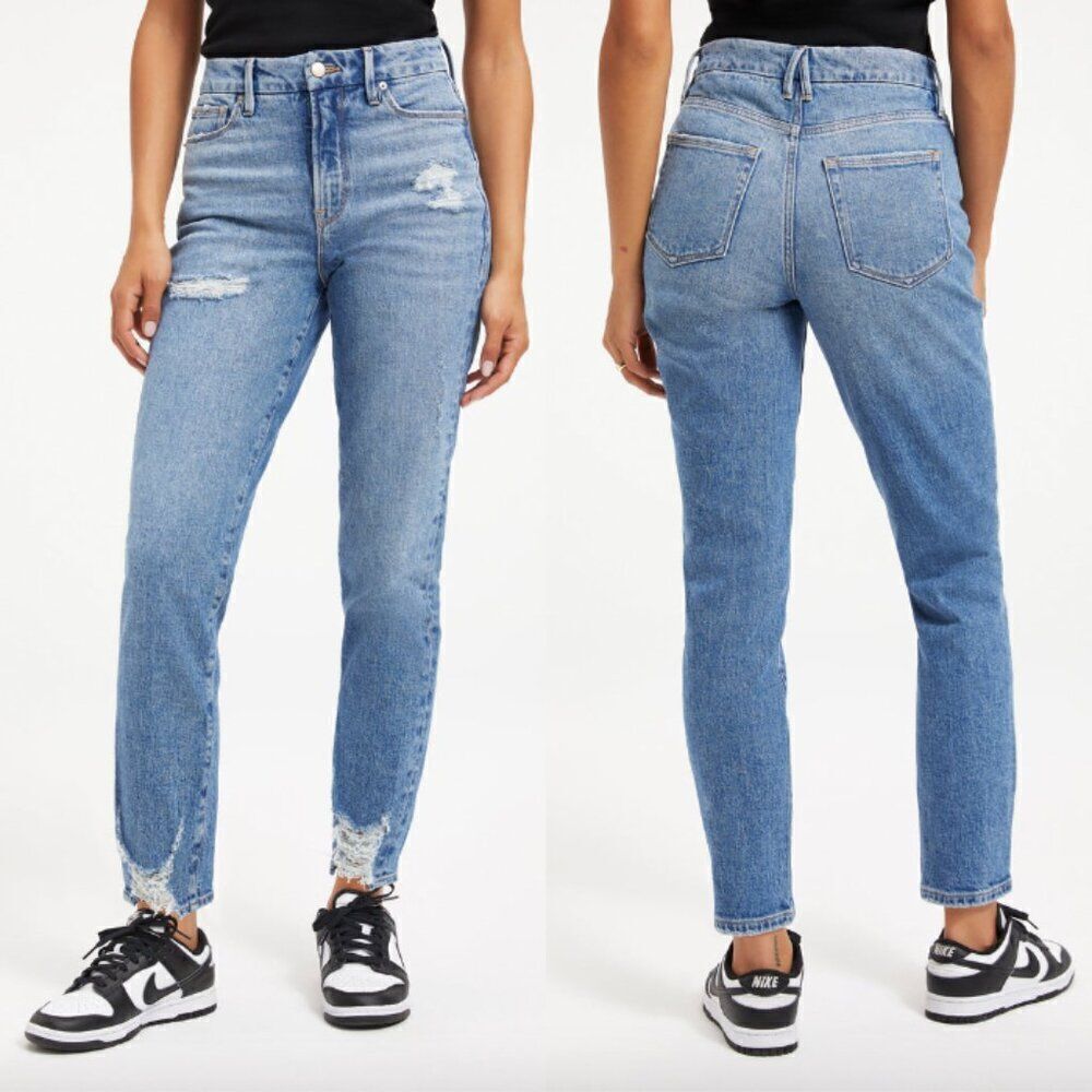 NWT Good American medium wash indigo distressed denim Good Boy straight leg jean
